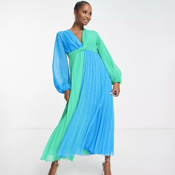 ASOS 70s maxi dress color block twist front pleated - Picture 8 of 8